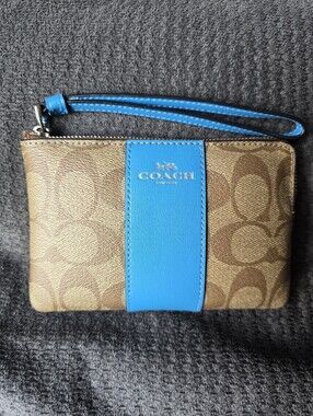 COACH F58035 Blue Stripe Corner Zip Wristlet Brown Signature Coated Canvas EUC